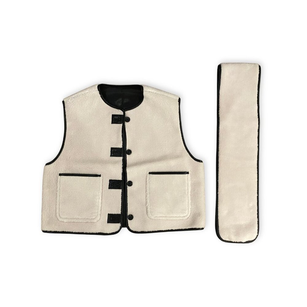 NWOT Studio Tomboy Black Leather Shearling Vest with Scarf Black M